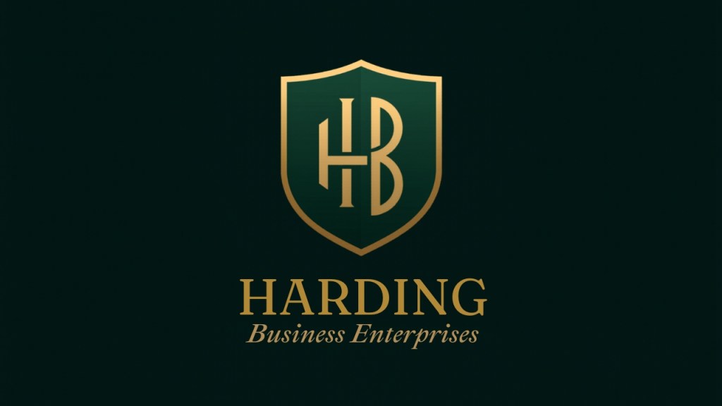 Harding Business Enterprises gold monogram and wordmark on a dark emerald background