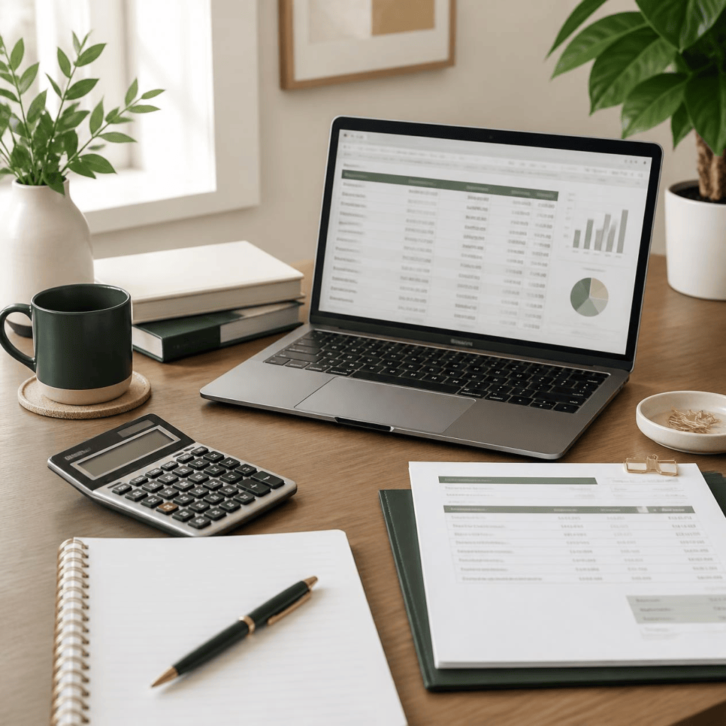 Small-business bookkeeping workspace with calculator, financial documents, and laptop